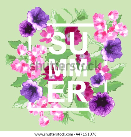 Summer background with verbena flowers, design element. Can be used for cards, scrapbooking, print, posters, flyers, textile design, banners, manufacturing. Decorative flowers in watercolor style