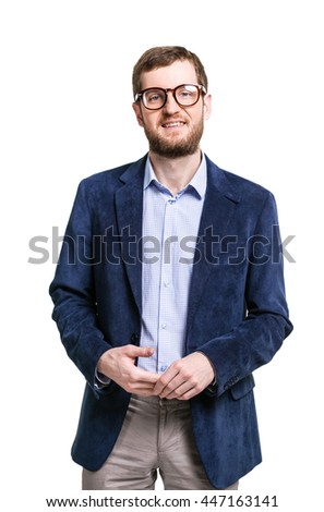 Young businessman in a blue jacket on a white background, isolated, smiling