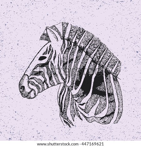 Hand drawn and outlined stylized vector illustration of zebra isolated on vintage background. Detailed engraved drawing in line art graphic style with dot elements. Tattoo design, textile, brochure.