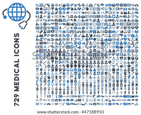 Medical Icon Clipart with 729 glyph icons. Style is bicolor smooth blue flat icons isolated on a white background.