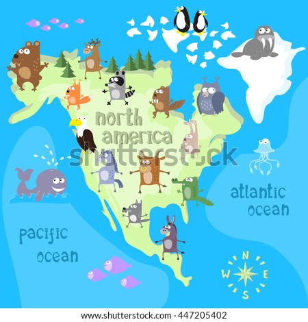 Concept design map of north american continent with animals drawing in funny cartoon style for kids and preschool education. Vector illustration
