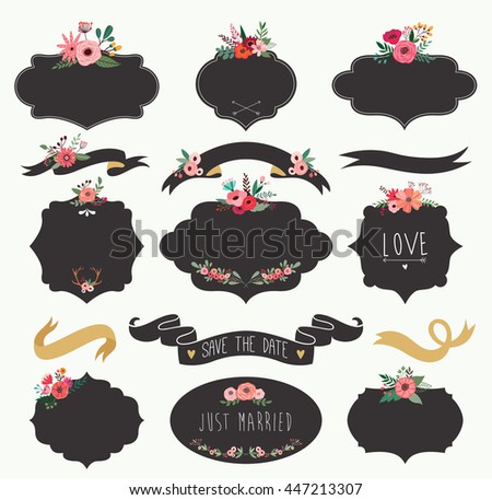 Wedding labels collection with flowers and ribbons.