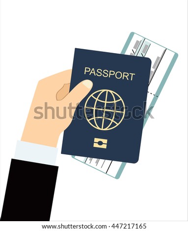 Passport with ticket in hand flat icon isolated. Concept travel and tourism. Travel documents. International passport. Vector illustration.
