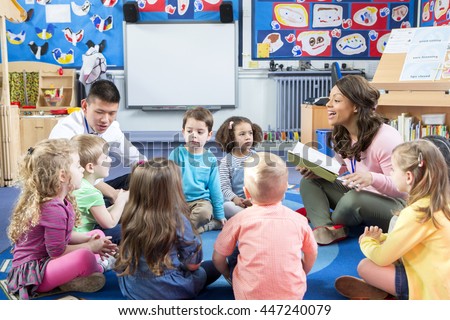 Group of nursery children sitting on the floor in their classroom with their teachers. The female teacher is reading from a book. 