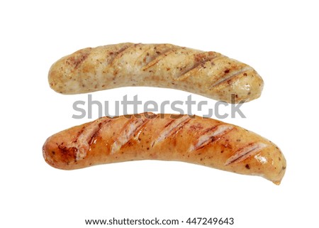 Fried smoked sausages isolated on white background.