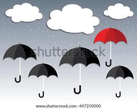 Vector of gray sky with white clouds and rainfall with four black umbrellas, make the difference with a red umbrella.