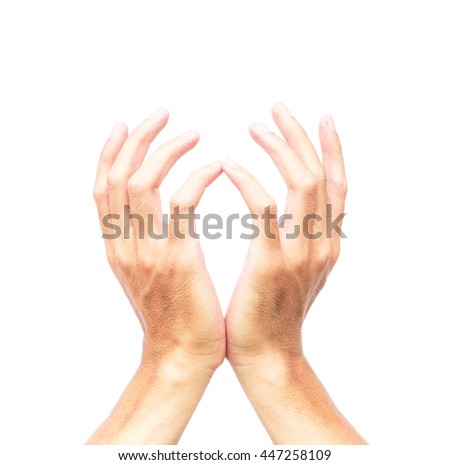 Man hands praying on white background, religion concept
