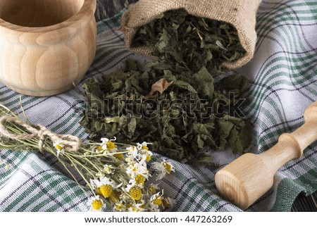 mortar and pestle with herbal tea.
