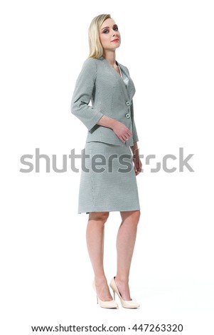 blond hair business executive woman with straight hair style in gray office skirt suit high heel shoes  full body length isolated on white