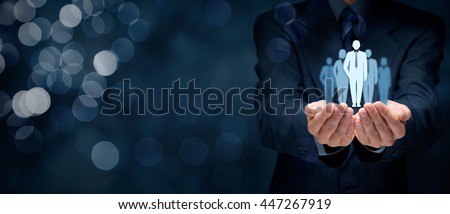 Influencer (opinion leader, team leader, CEO, market leader) and another business leading concepts, wide banner composition with bokeh in background.
 Royalty-Free Stock Photo #447267919