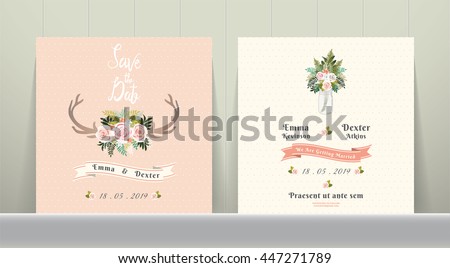 Antler flowers rustic wedding save the date invitation card on Wood Background