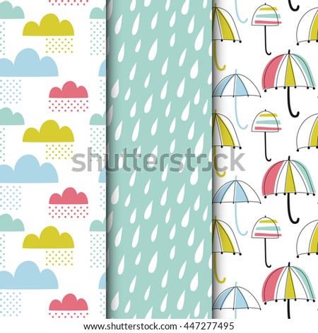 Set of seamless vector patterns with rain theme design. Creative Hand Drawn textures for birthday, anniversary, party invitations, scrapbook, print on T-shirts and bags. Vector illustration. 