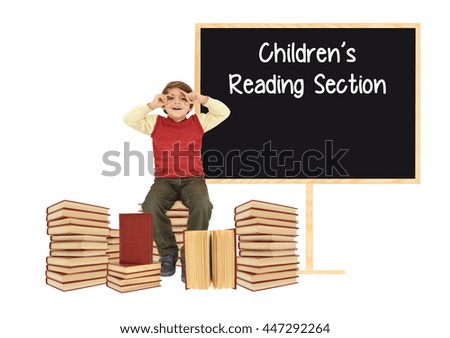 Children's Reading Section Blackboard Boy stacks of books isolated on white background