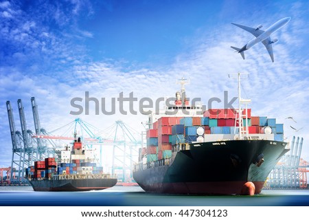 Container Cargo ship and Cargo plane with working crane bridge in shipyard background, logistic import export background and transport industry. Royalty-Free Stock Photo #447304123