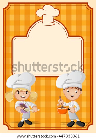 Orange restaurant menu with cartoon chefs cooking.
