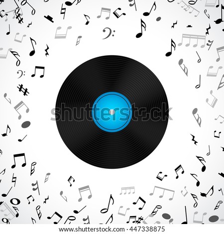 Abstract musical background with vinyl record album lp disc, black notes isolated on white backdrop. Vector illustration for music flyer poster brochure. Old long play disco plate. Rock sound concept.