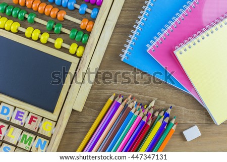 Educational materials, calculations (abacus), drawing and note pad./ Educational materials