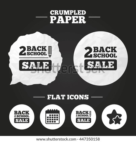 Crumpled paper speech bubble. Back to school sale icons. Studies after the holidays signs. Pencil symbol. Paper button. Vector