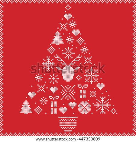 Scandinavian Norwegian style winter stitching Christmas pattern in tree shape including snowflakes, hearts, Xmas trees, snow, stars, decorative ornaments, reindeer on red background
