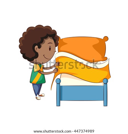 Boy making bed, vector illustration Royalty-Free Stock Photo #447374989