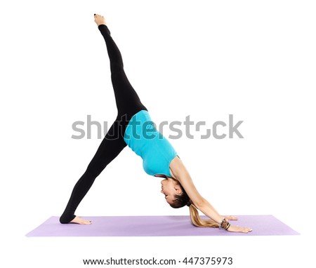 Woman yoga teacher in various poses (asana) isolated on white background