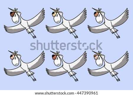 set of six flying storks carrying a bundle with a different nationalities newborn babies
