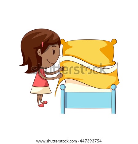 Girl making bed Royalty-Free Stock Photo #447393754