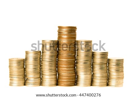 Stack of gold coins on white background. Financial concept.