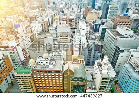 Business concept for real estate and corporate construction - panoramic modern city skyline bird eye aerial view under dramatic sunrise and morning blue sky on Nagoya TV Tower in Nagoya, Japan