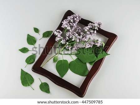 Beautiful, fragrant, lush lilacs in a brown frame on a light background