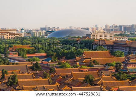 Aerial view of Forbidden City in Beijing from top of Jingshan Hill at dusk, Beijing, China