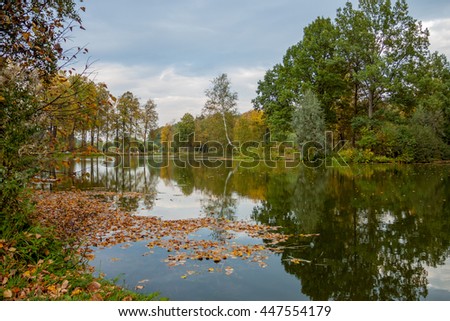 Autumn landscape by the lake. On the surface of the water are fallen dry leaves. Along the river trees and birch trees. The sky floating large gray clouds. Autumn. 
Russia
