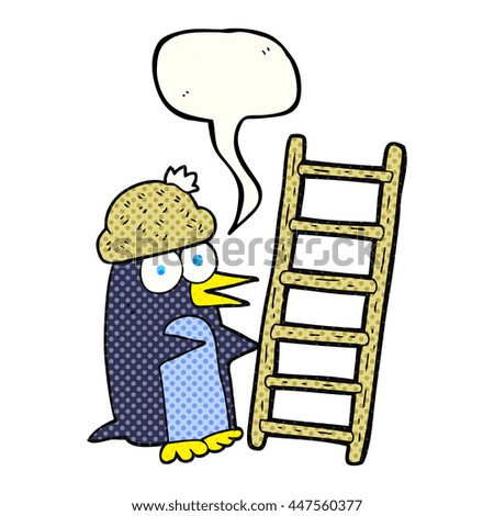 freehand drawn comic book speech bubble cartoon penguin with ladder