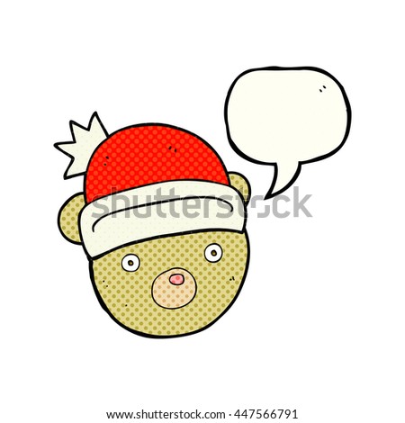 freehand drawn comic book speech bubble cartoon teddy bear wearing christmas hat