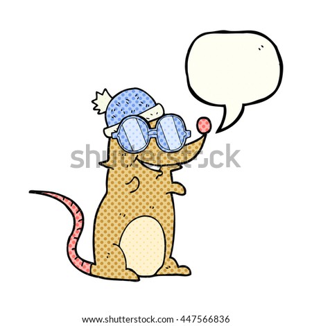 freehand drawn comic book speech bubble cartoon mouse wearing glasses and hat