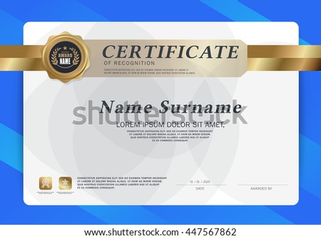 Certificate Blue frame and gold ribbon design template layout template in A4 size