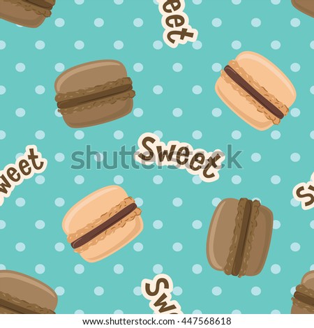 Seamless pattern with macaroon cookies on blue polka-dot background. 