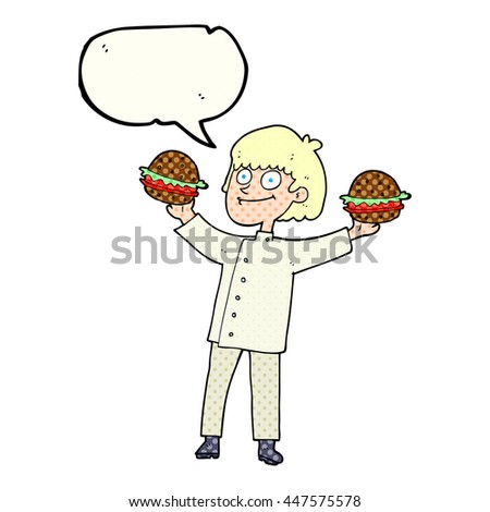 freehand drawn comic book speech bubble cartoon chef with burgers