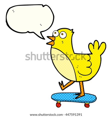 freehand drawn comic book speech bubble cartoon bird on skateboard