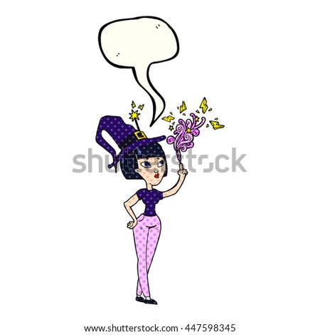 freehand drawn comic book speech bubble cartoon witch casting spell