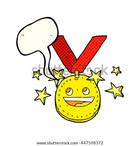 freehand drawn comic book speech bubble cartoon happy sports medal