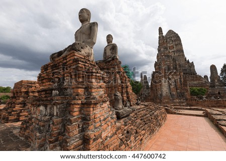 Damaged buddha statues in Wat Chaiwatthanaram, Ayutthaya, Thailand.