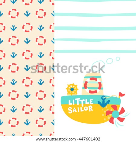 Kids Hand Drawn Seamless Pattern of Anchors and Lifebuoy Stripes And Illustration of Steamship 