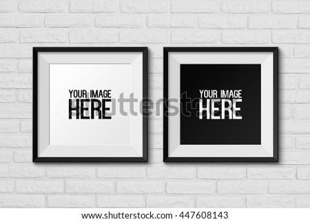 High resolution realistic square picture frame on white brick wall background.