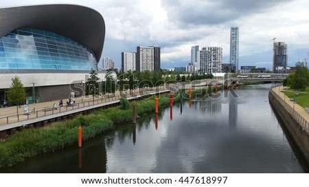 The London Aquatics Centre is located at Queen Elizabeth Olympic Park, in London, United Kingdom, a sporting complex built for the 2012 Summer Olympics Royalty-Free Stock Photo #447618997