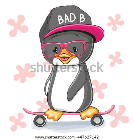 Cute Penguin with skateboard on a floral background
