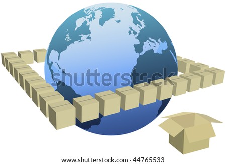 Earth globe inside an orbit of shipping box cartons.