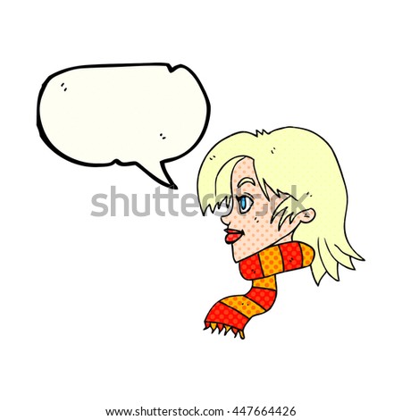 freehand drawn comic book speech bubble cartoon woman wearing scarf