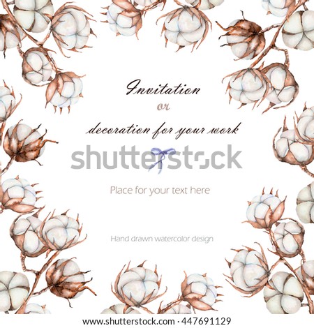 Background, template postcard with the cotton flowers branches, hand drawn on a white background