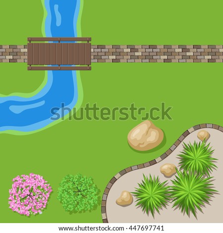 Top view landscape Garden with stone path and wooden bridge. Trees by the river. Vector illustration of landscape design of the Park, a place for walking and recreation